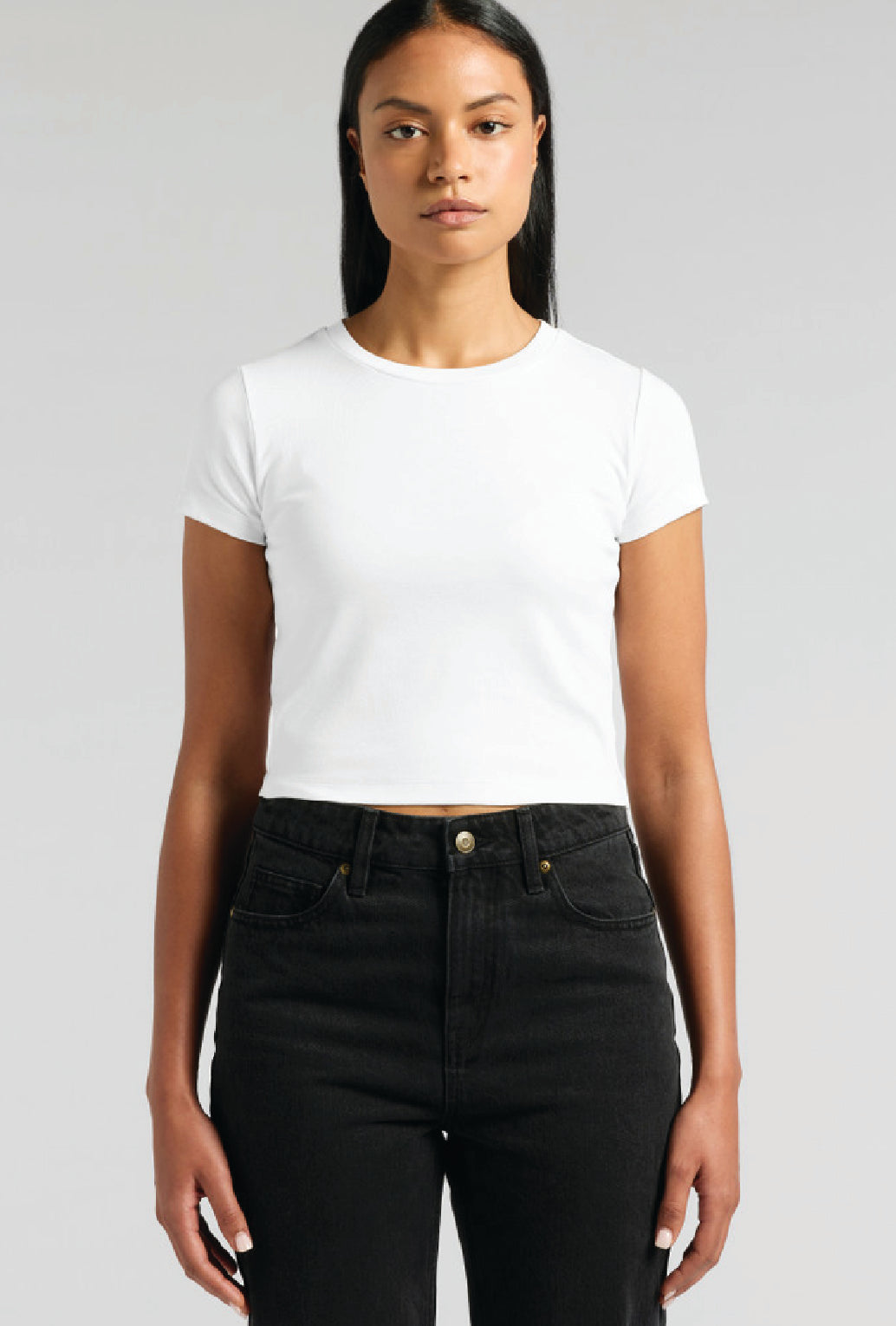 Womens Organic Mini Tee in White, front view. Blank tee ready for custom printing at GMD Print Direct.